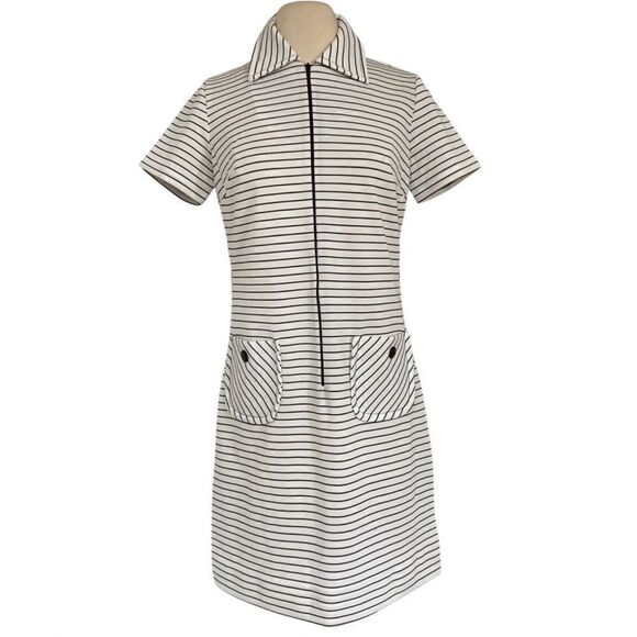 True Vintage Preppy 60s / 70s Front Zip Striped Polo Knit Dress with Pockets - Picture 4 of 10